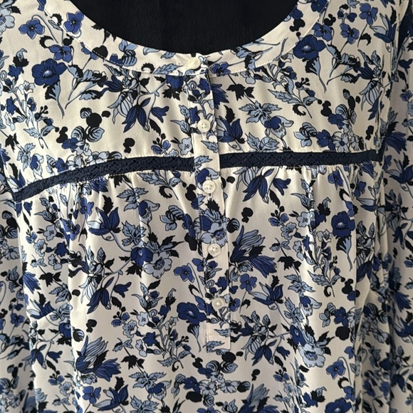 Talbots ivory blue floral print crochet trim long sleeves top Sz 3X - Picture 2 of 6